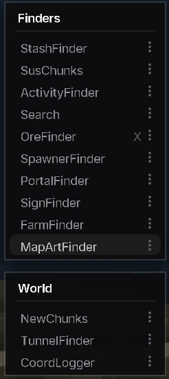 The Finders and World panels listing StashFinder, SusChunks, ActivityFinder, OreFinder and more