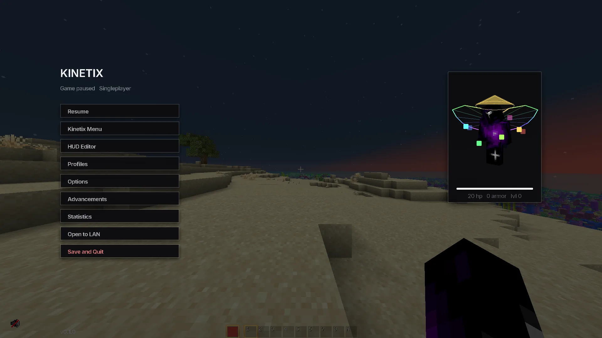 The Kinetix pause menu with a live 3D player model